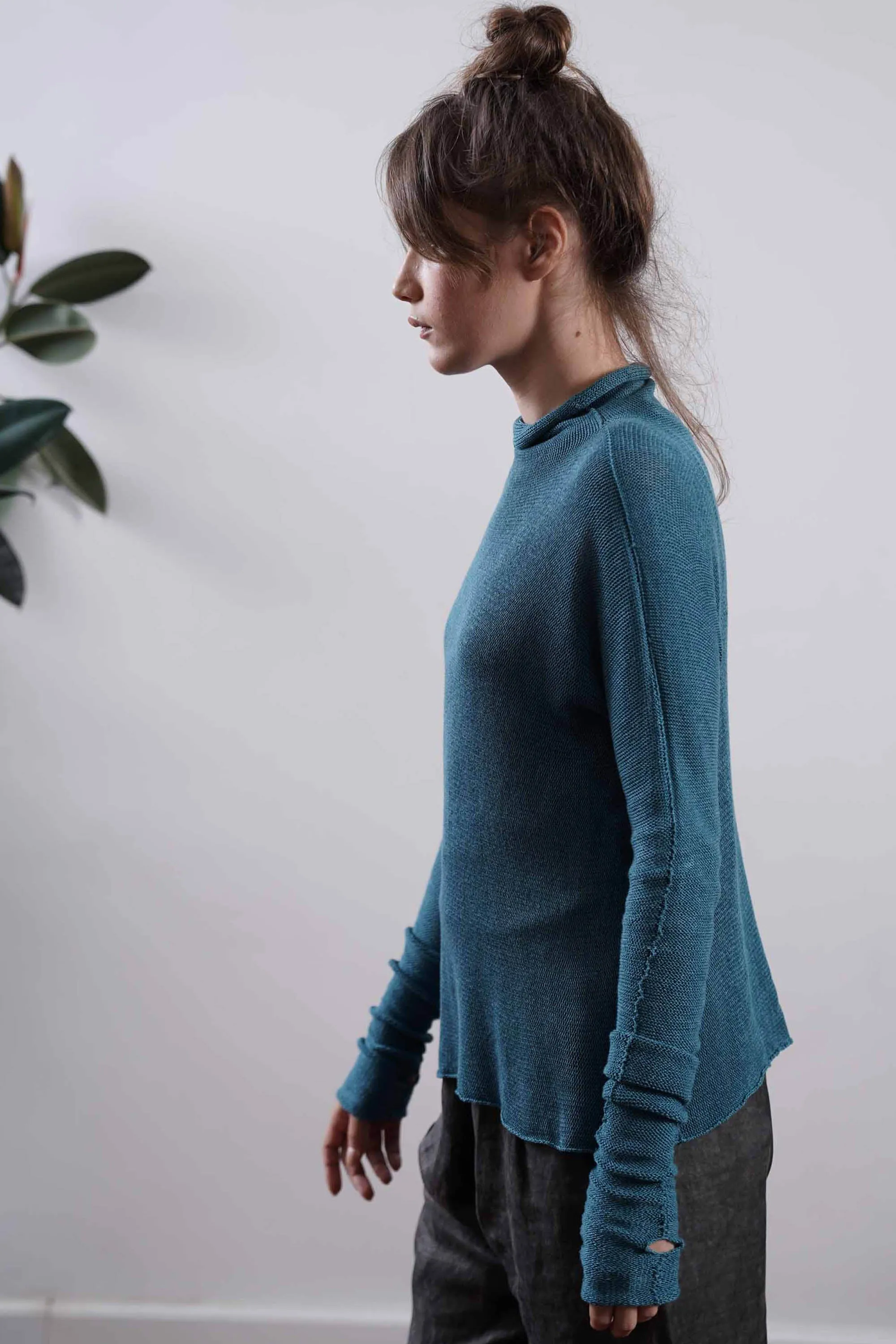 Turquoise Turtleneck Baraka knitted Bamboo shirt with Long Sleeves