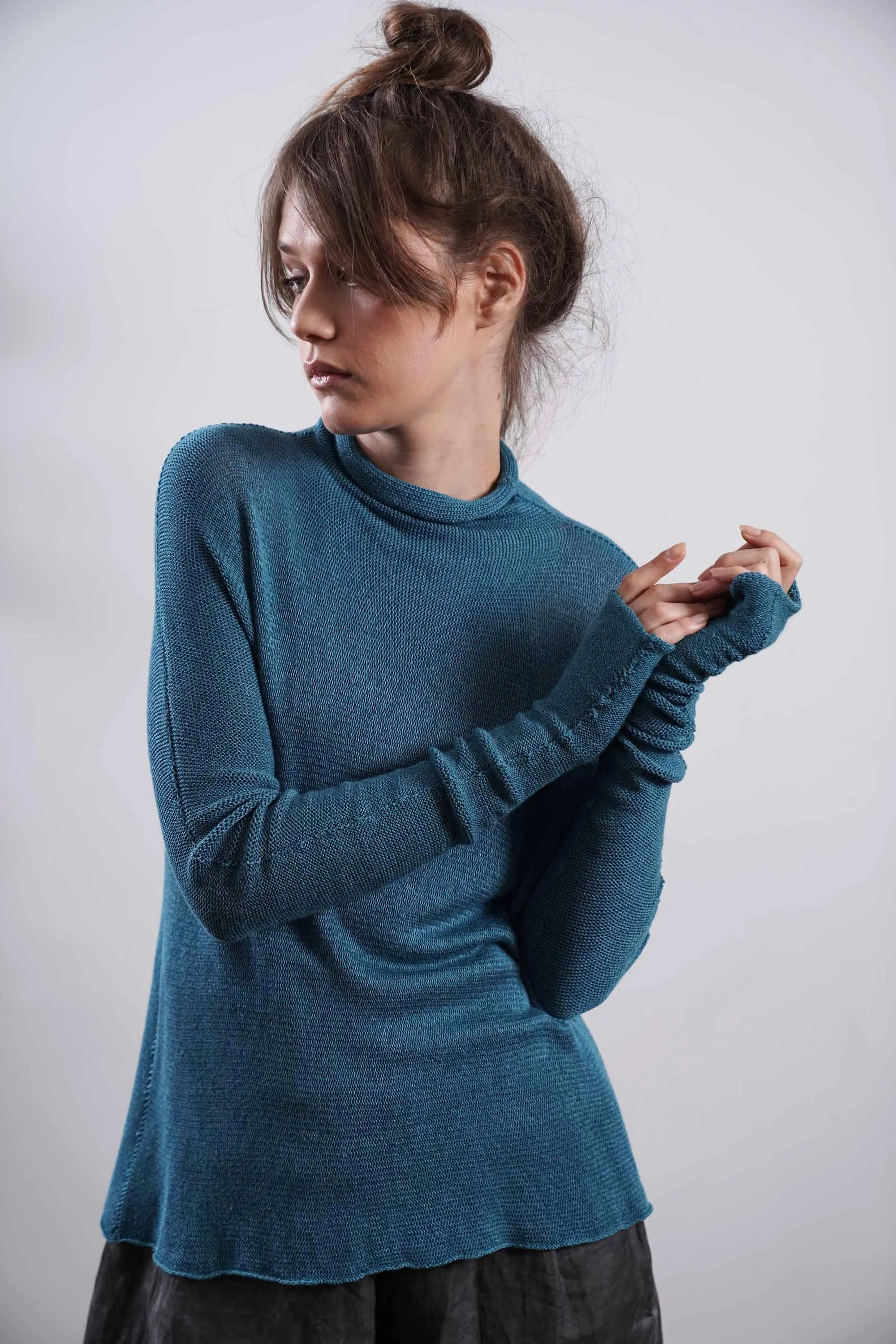 Turquoise Turtleneck Baraka knitted Bamboo shirt with Long Sleeves