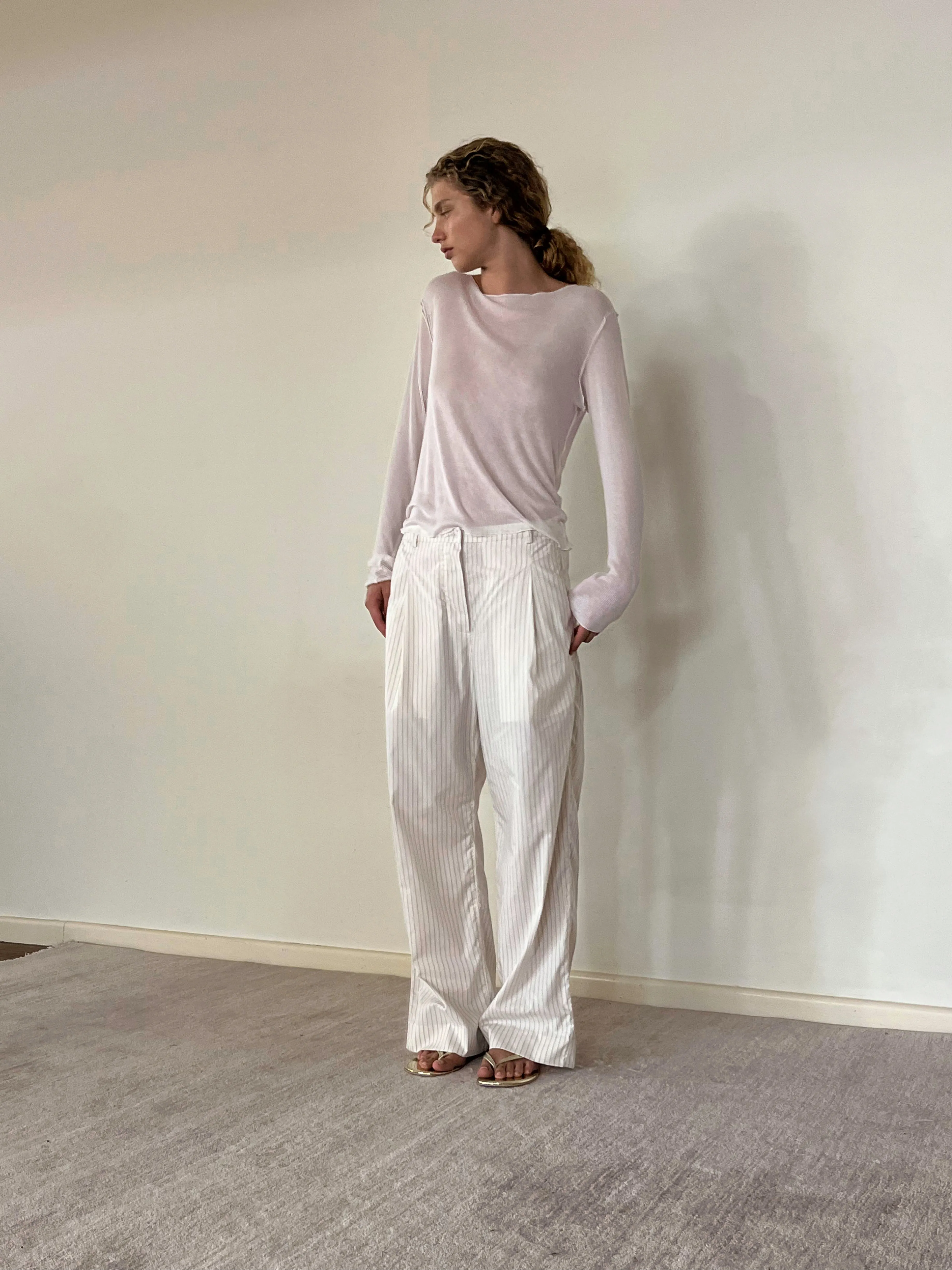 Twin Button Pant - Pinstripe Cream