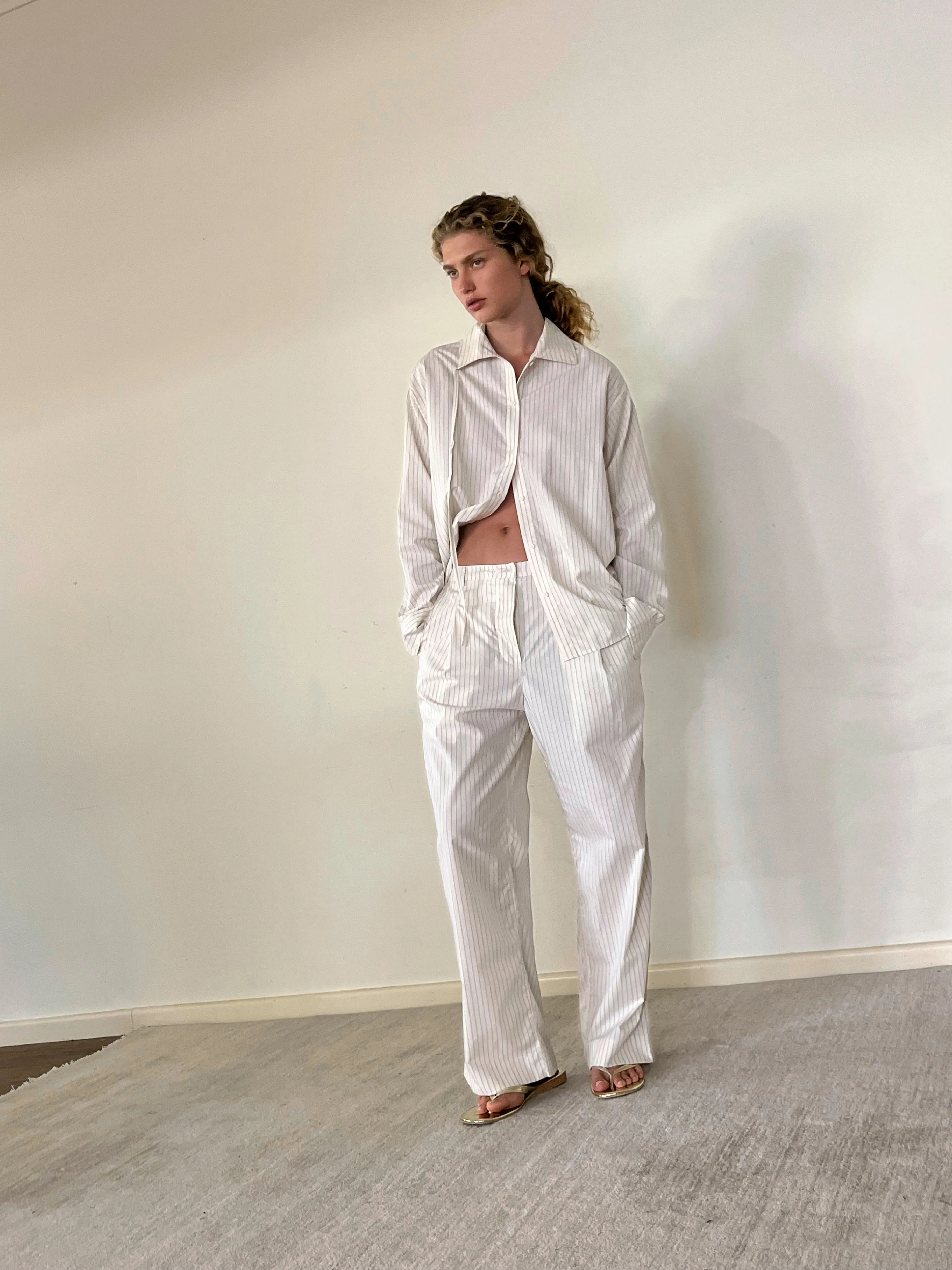 Twin Button Pant - Pinstripe Cream