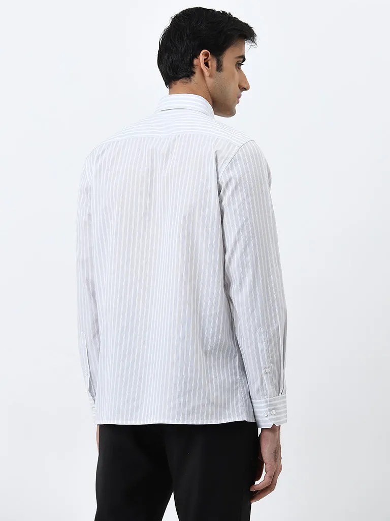 WES Formals Grey Striped Slim-Fit Cotton Shirt