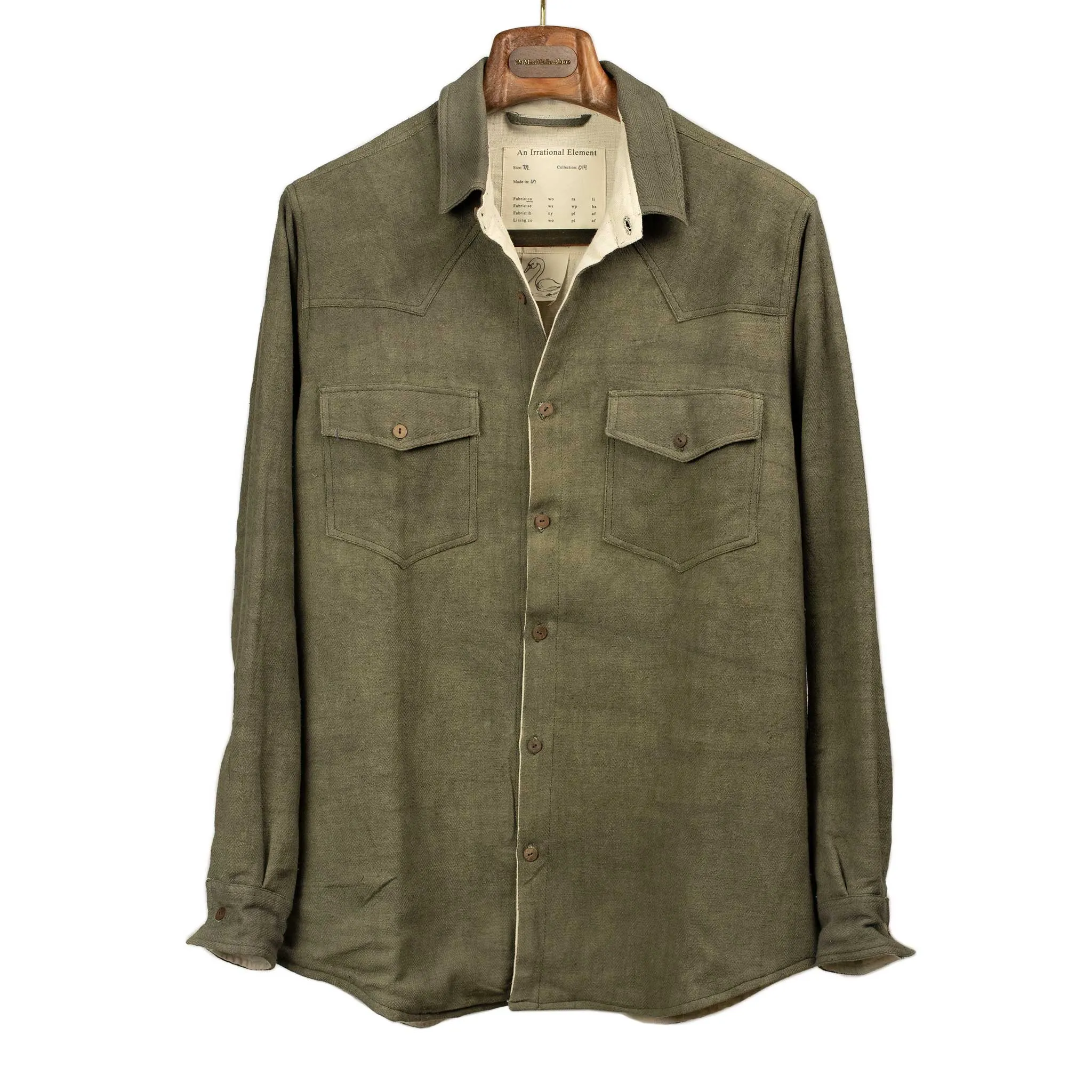 Western overshirt in olive herringbone Kala cotton