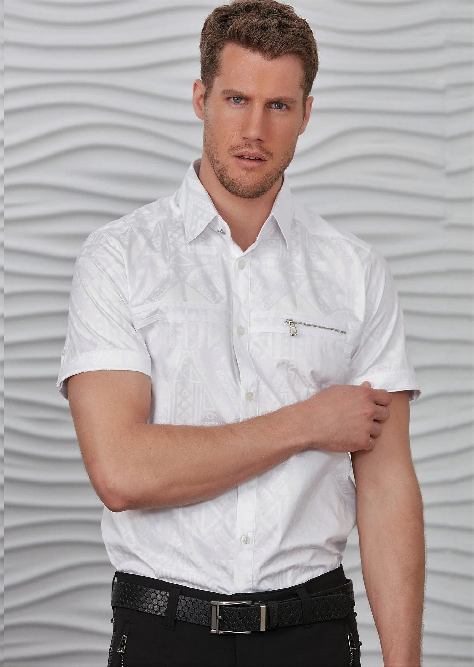 White Aztec Print Short Sleeve Shirt