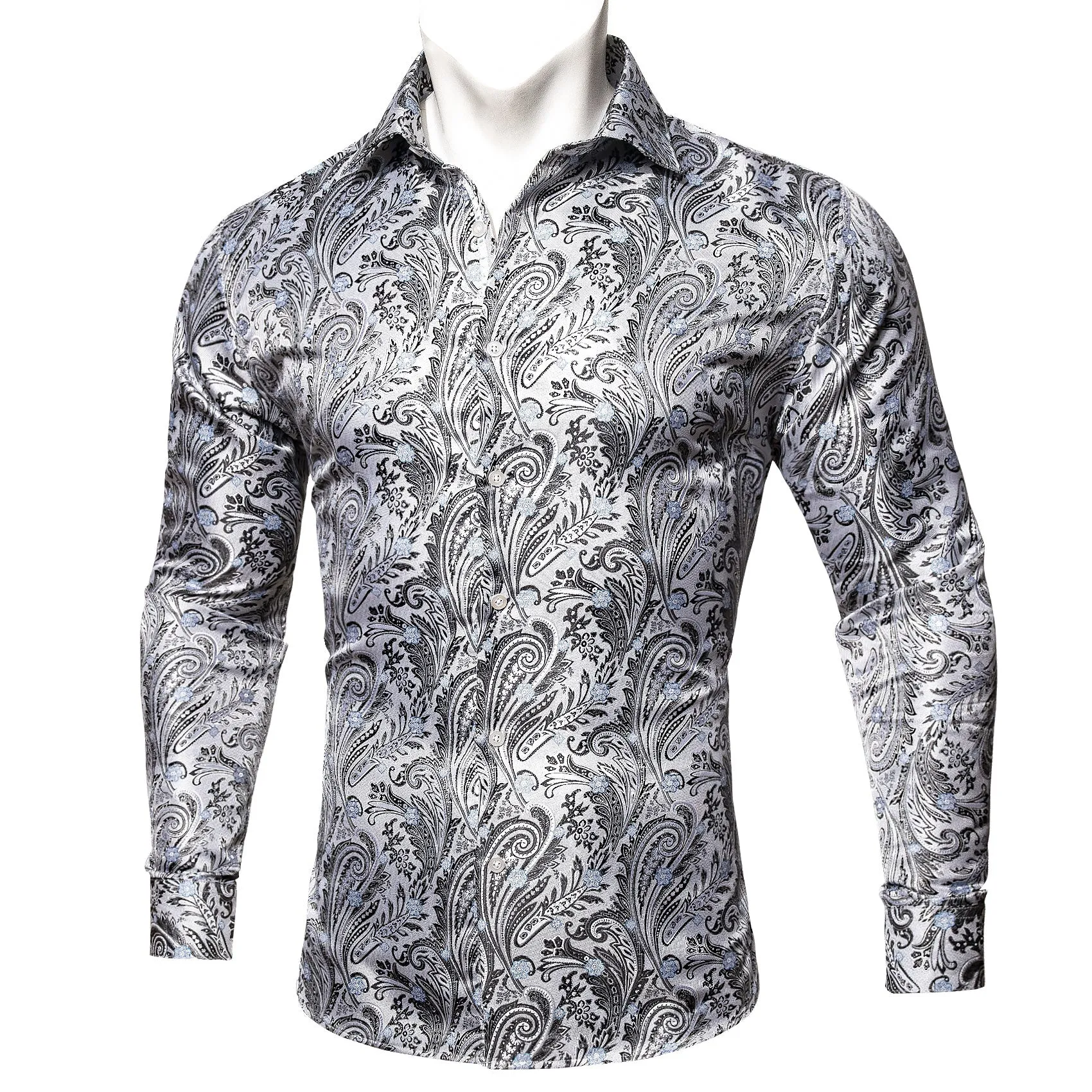 White Black Paisley Style Silk Men's Long Sleeve Shirt