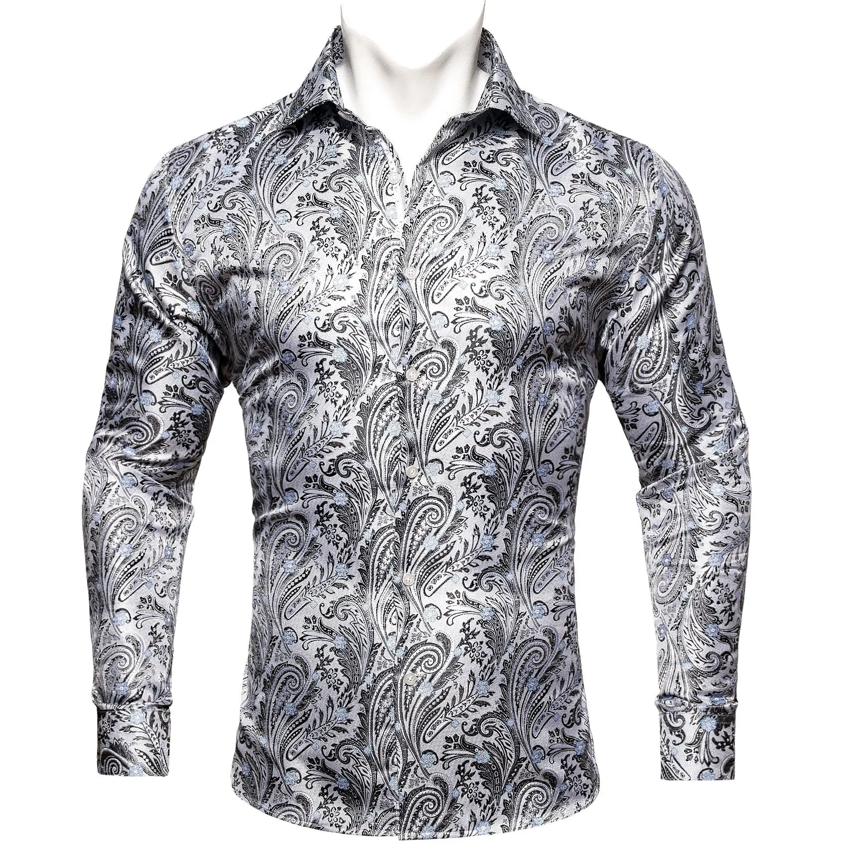 White Black Paisley Style Silk Men's Long Sleeve Shirt