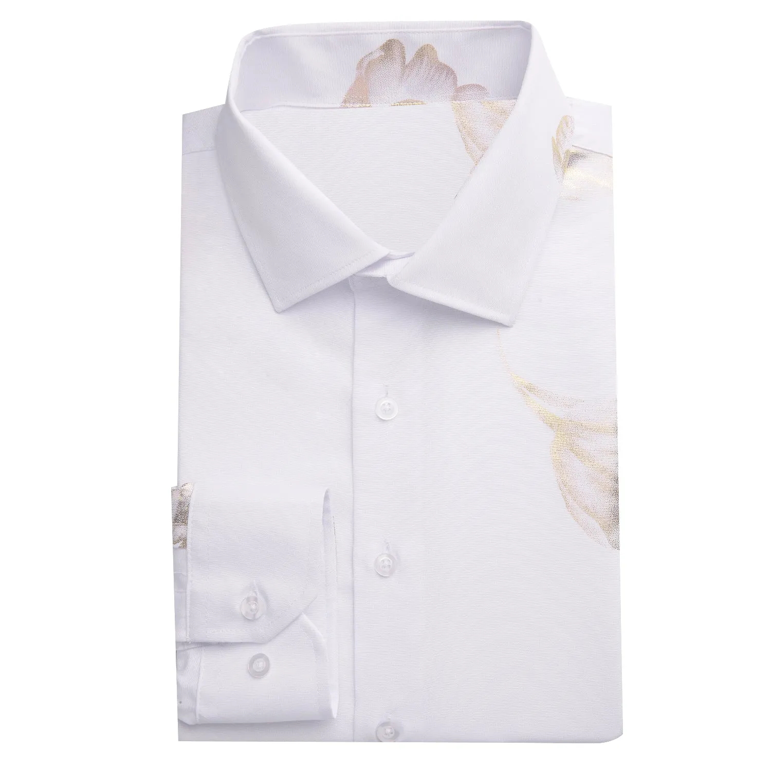 White Golden Floral Pattern Silk Men's Long Sleeve Shirt