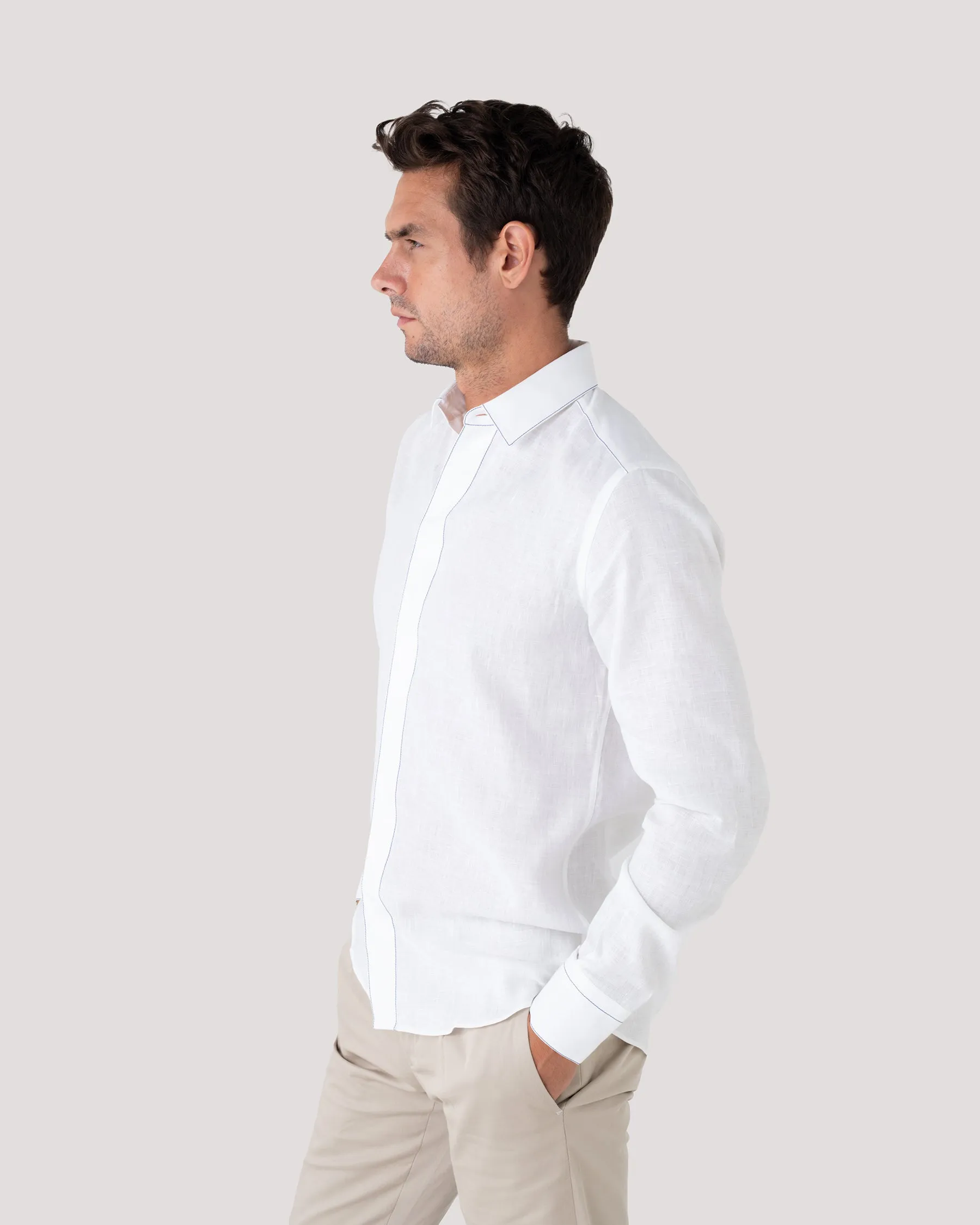 White Silk-Stitch Linen Shirt